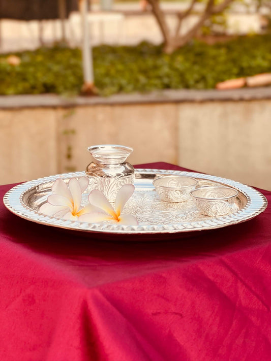 DESHANA Handcrafted Silver Plated Luxurious Pooja Thali with Kalash, Katori – A Complete Set for Divine Rituals