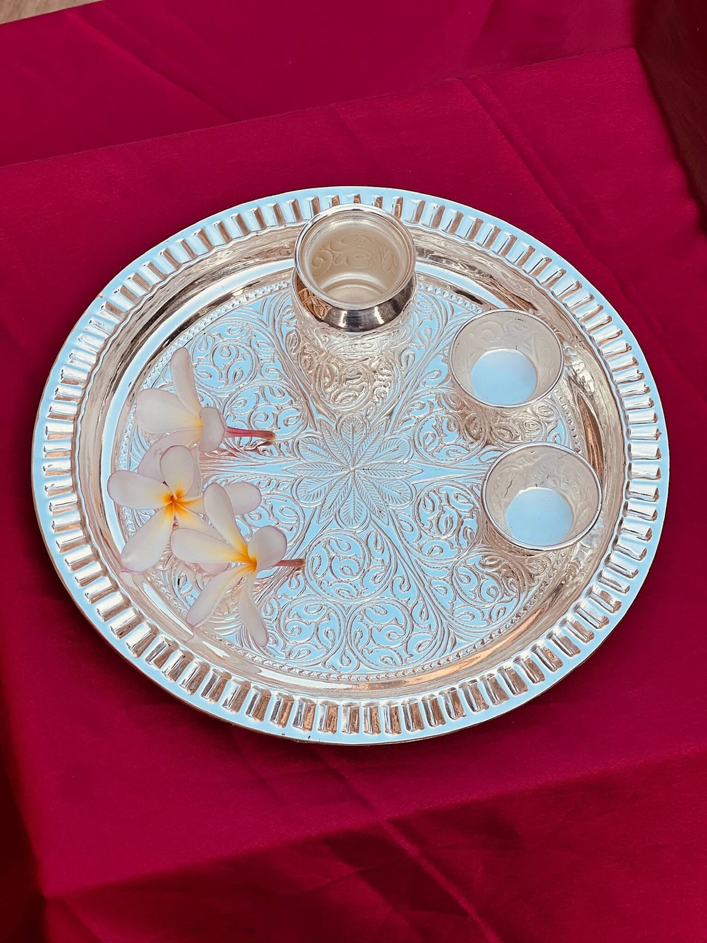 DESHANA Handcrafted Silver Plated Luxurious Pooja Thali with Kalash, Katori – A Complete Set for Divine Rituals