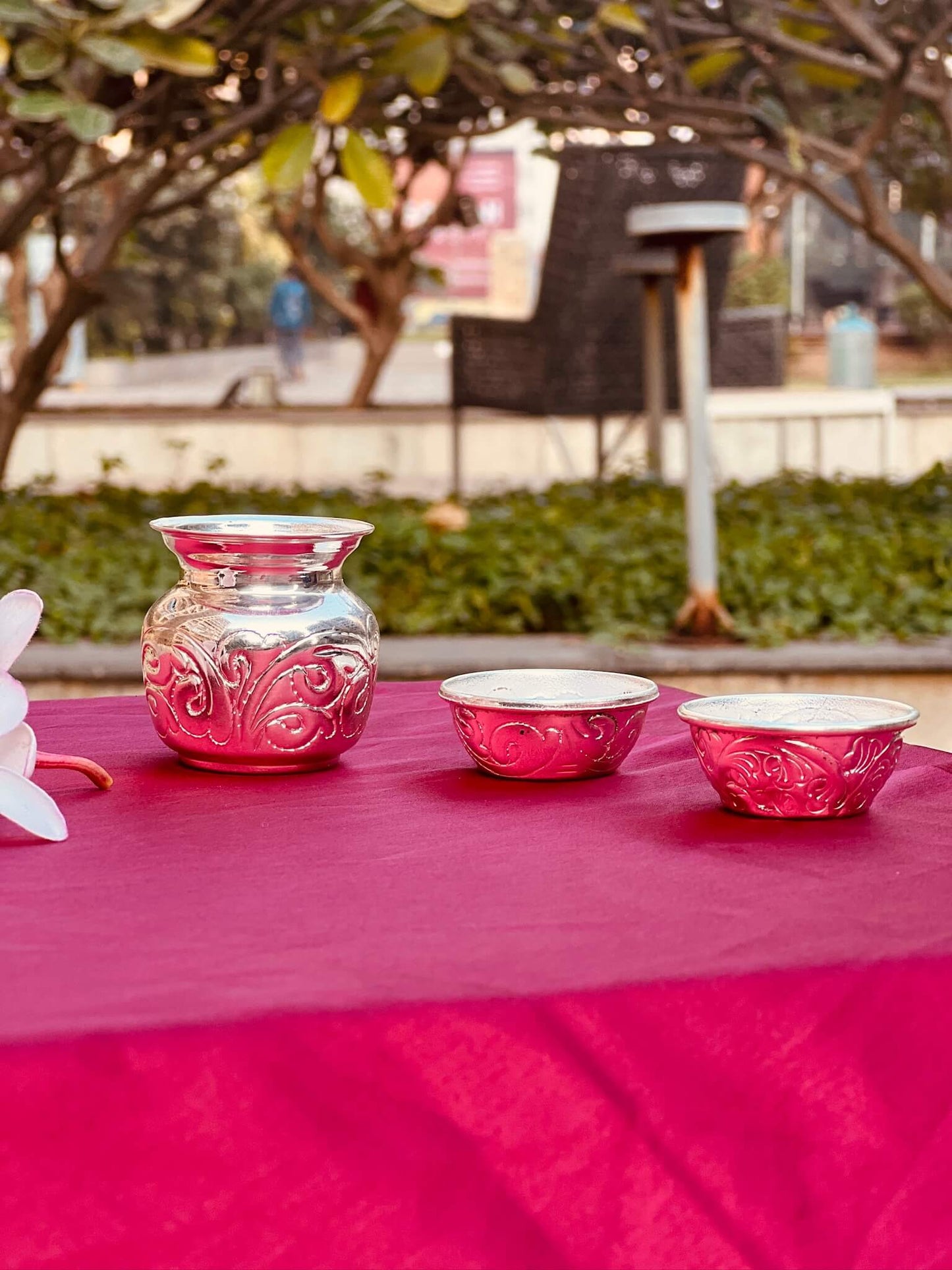 DESHANA Handcrafted Silver Plated Luxurious Pooja Thali with Kalash, Katori – A Complete Set for Divine Rituals