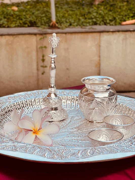 DESHANA Handcrafted Silver Plated Luxurious Pooja Thali with Kalash, Katori, and Ghanti – A Complete Set for Divine Rituals