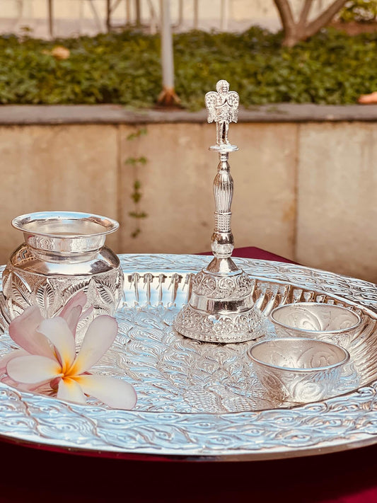 DESHANA Handcrafted Silver Plated Luxurious Pooja Thali with Kalash, Katori, and Ghanti – A Complete Set for Divine Rituals