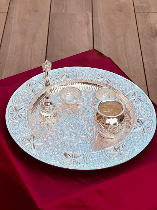 DESHANA Handcrafted Silver Plated Luxurious Pooja Thali with Kalash, Katori, and Ghanti – A Complete Set for Divine Rituals