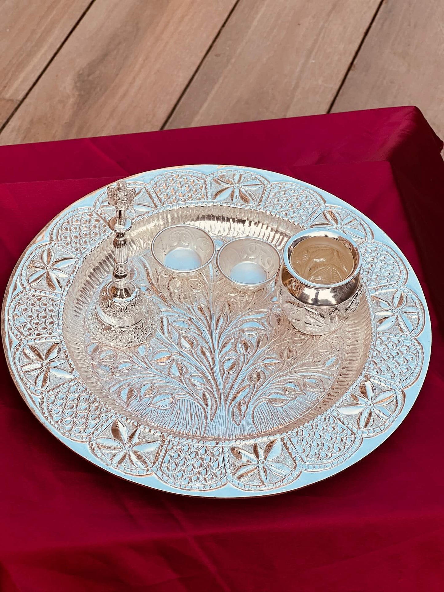 DESHANA Handcrafted Silver Plated Luxurious Pooja Thali with Kalash, Katori, and Ghanti – A Complete Set for Divine Rituals