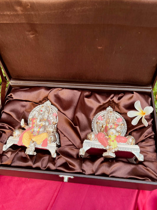 DESHANA Antique Silver Plated Lord Ganesha and Maa Laxmi – Coloured – A Divine Pair of Prosperity and Blessings