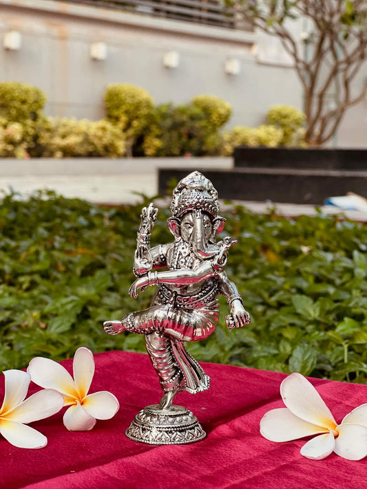 Silver Plated Standing / Dancing Lord Ganesha – A Majestic Symbol of Strength and Blessings