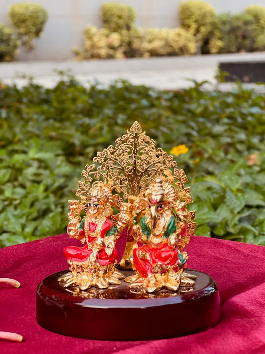 Stylish Gold Plated Lord Ganesha and Laxmi JI with Wooden Base – A Divine Symbol of Prosperity and Elegance