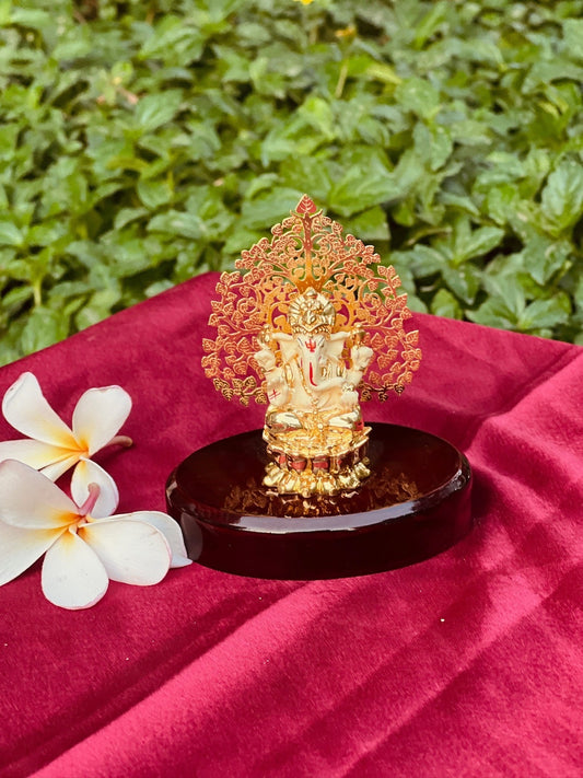 DESHANA Stylish Gold Plated Lord Ganesha with Wooden Base – A Divine Symbol of Prosperity and Elegance