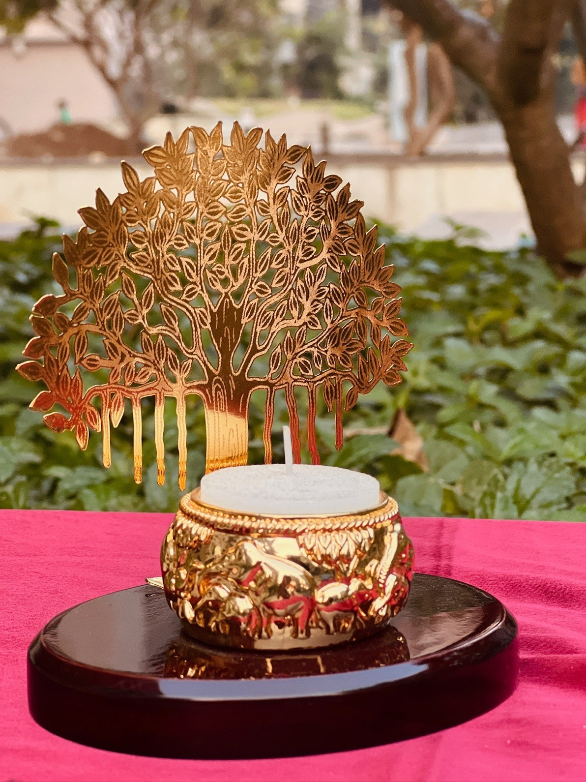 DESHANA Gold Plated Candle Stand with Golden Tree – A Luxurious Blend of Elegance and Light