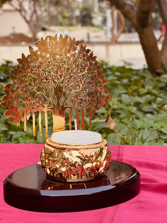 DESHANA Gold Plated Candle Stand with Golden Tree – A Luxurious Blend of Elegance and Light