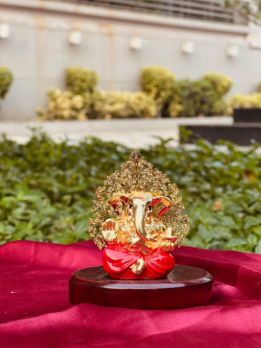DESHANA Stylish Gold Plated Lord Ganesha with Wooden Base – A Divine Symbol of Prosperity and Elegance