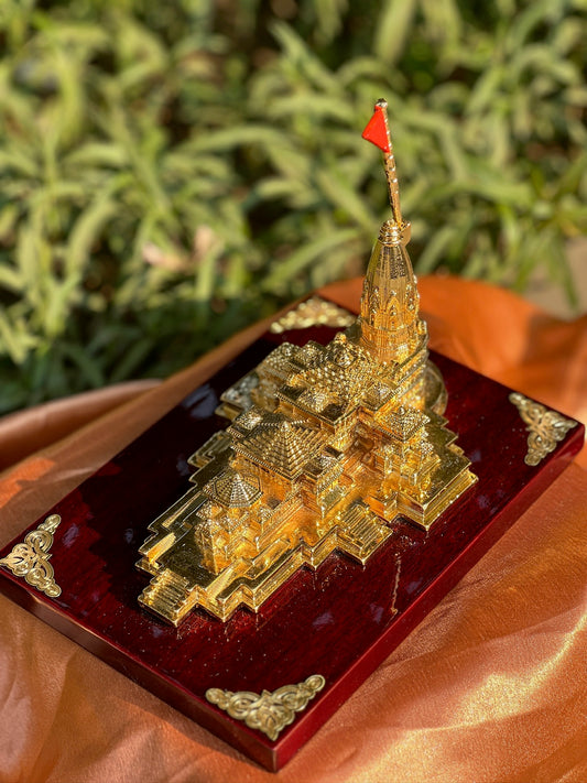 DESHANA Gold Plated Ram Mandir on Wooden Base – A Divine Blend of Tradition and Luxury