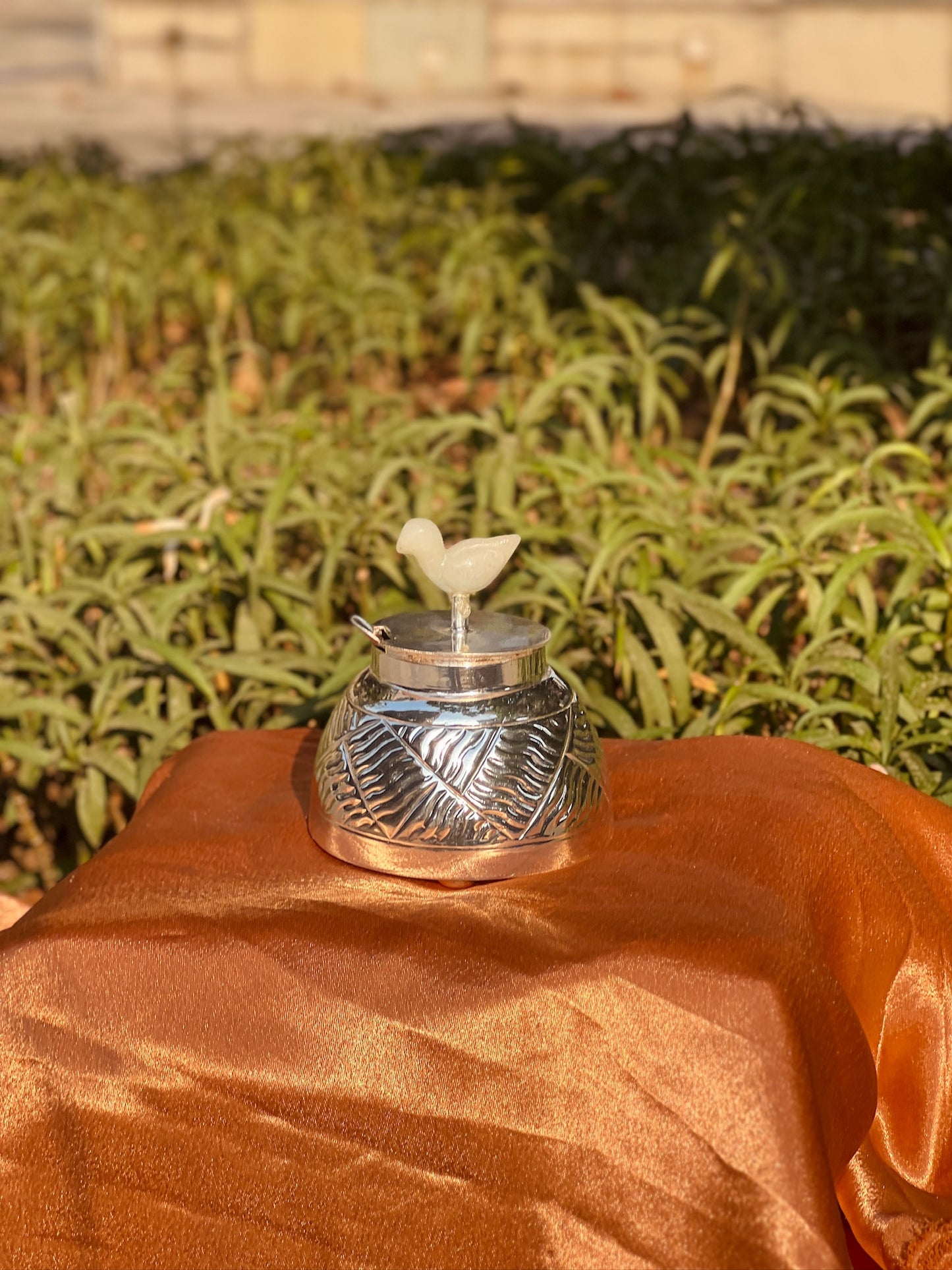 DESHANA Silver Plated Mukhwas Box with Real Stone Bird on Top – A Perfect Blend of Elegance