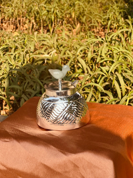 DESHANA Silver Plated Mukhwas Box with Real Stone Bird on Top – A Perfect Blend of Elegance