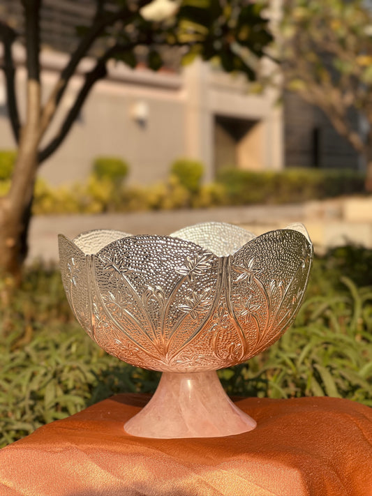 DESHANA Handcrafted Silver Plated Decorative Piece with Real Rose Quartz Base – A Symbol of Luxury and Serenity