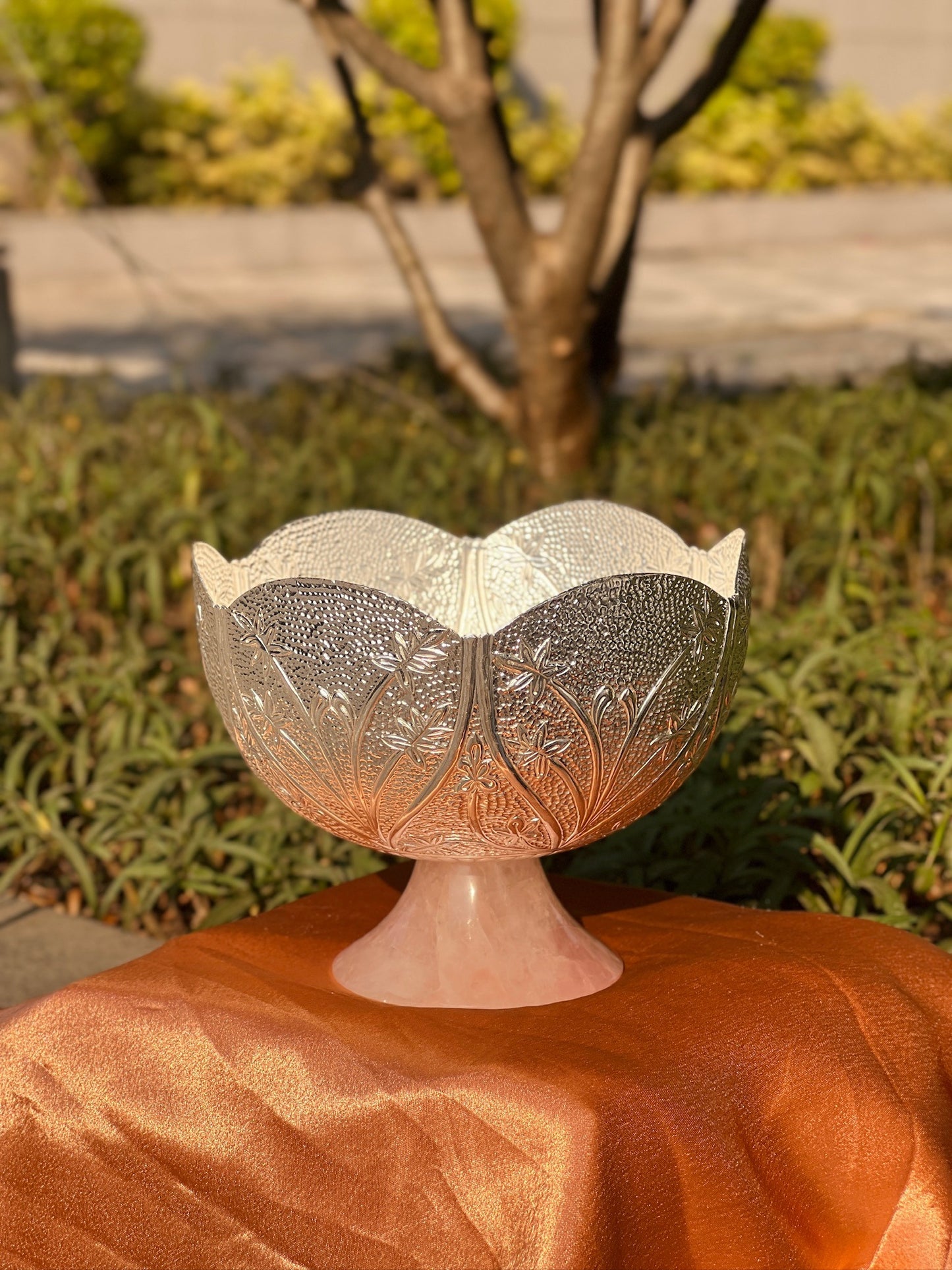 DESHANA Handcrafted Silver Plated Decorative Piece with Real Rose Quartz Base – A Symbol of Luxury and Serenity