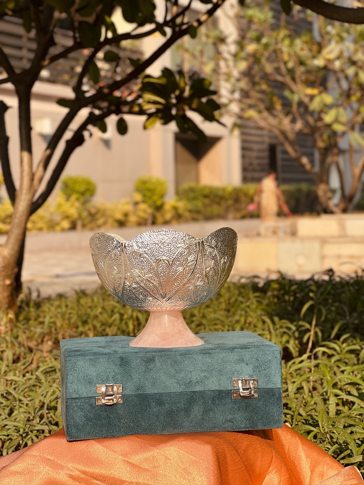 DESHANA Handcrafted Silver Plated Decorative Piece with Real Rose Quartz Base – A Symbol of Luxury and Serenity