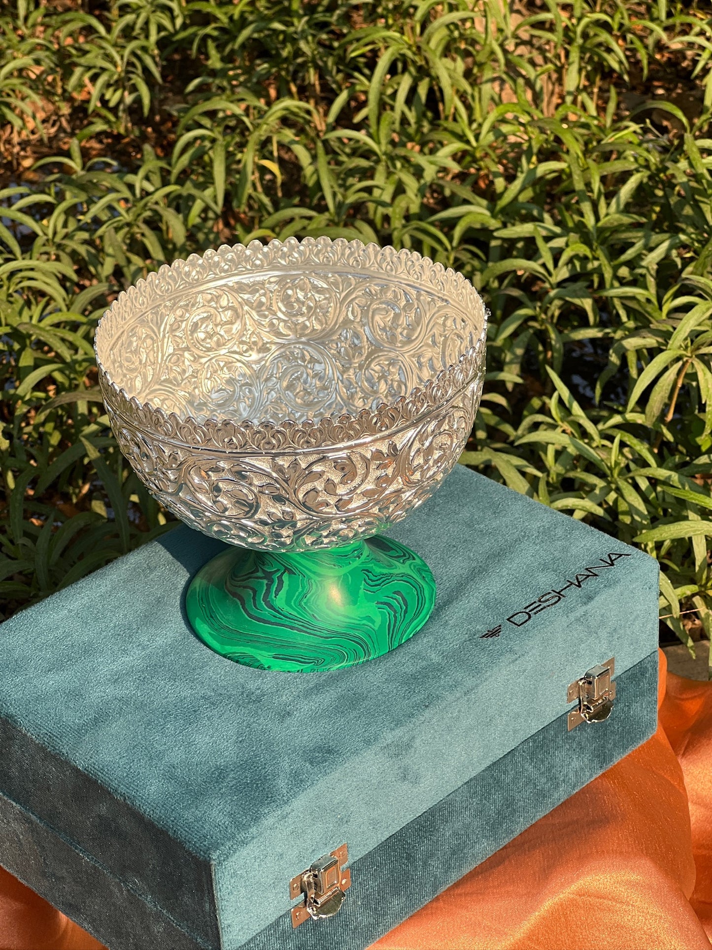 DESHANA Handcrafted Silver Plated Decorative Piece with Stone Base – A Symbol of Luxury and Serenity