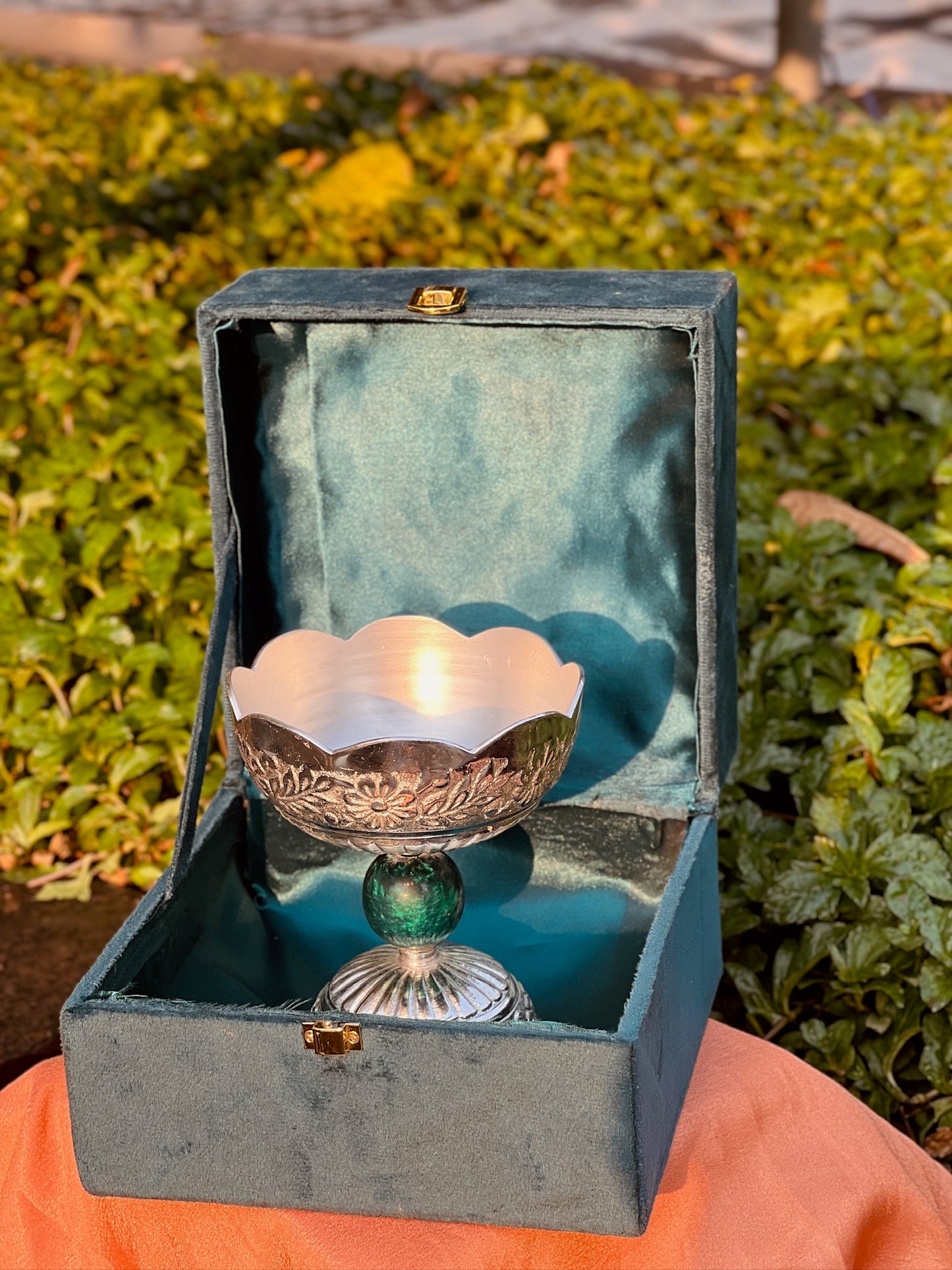 DESHANA Silver Plated Round Shape Long Bowl with Stone Ball