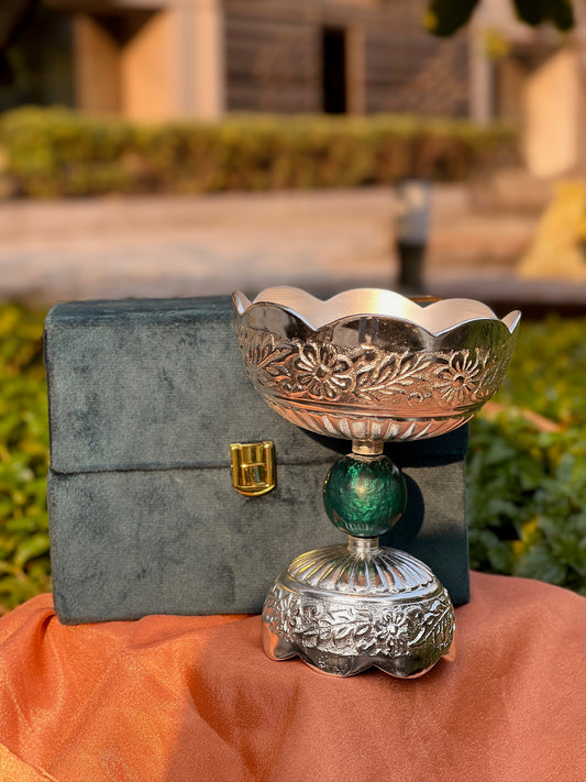 DESHANA Silver Plated Round Shape Long Bowl with Stone Ball