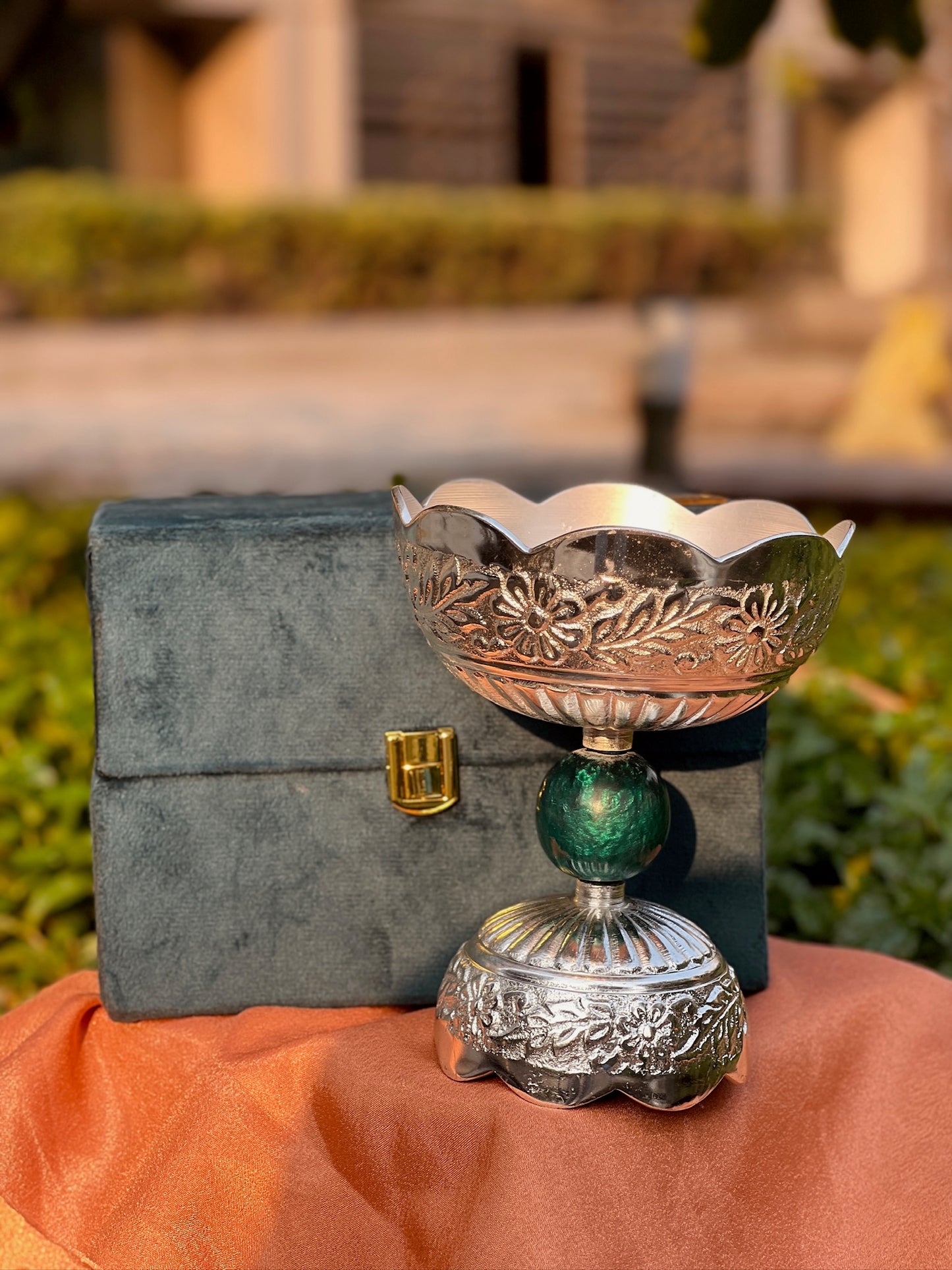 DESHANA Silver Plated Round Shape Long Bowl with Stone Ball