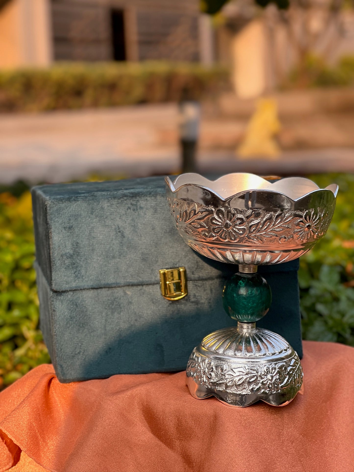 DESHANA Silver Plated Round Shape Long Bowl with Stone Ball