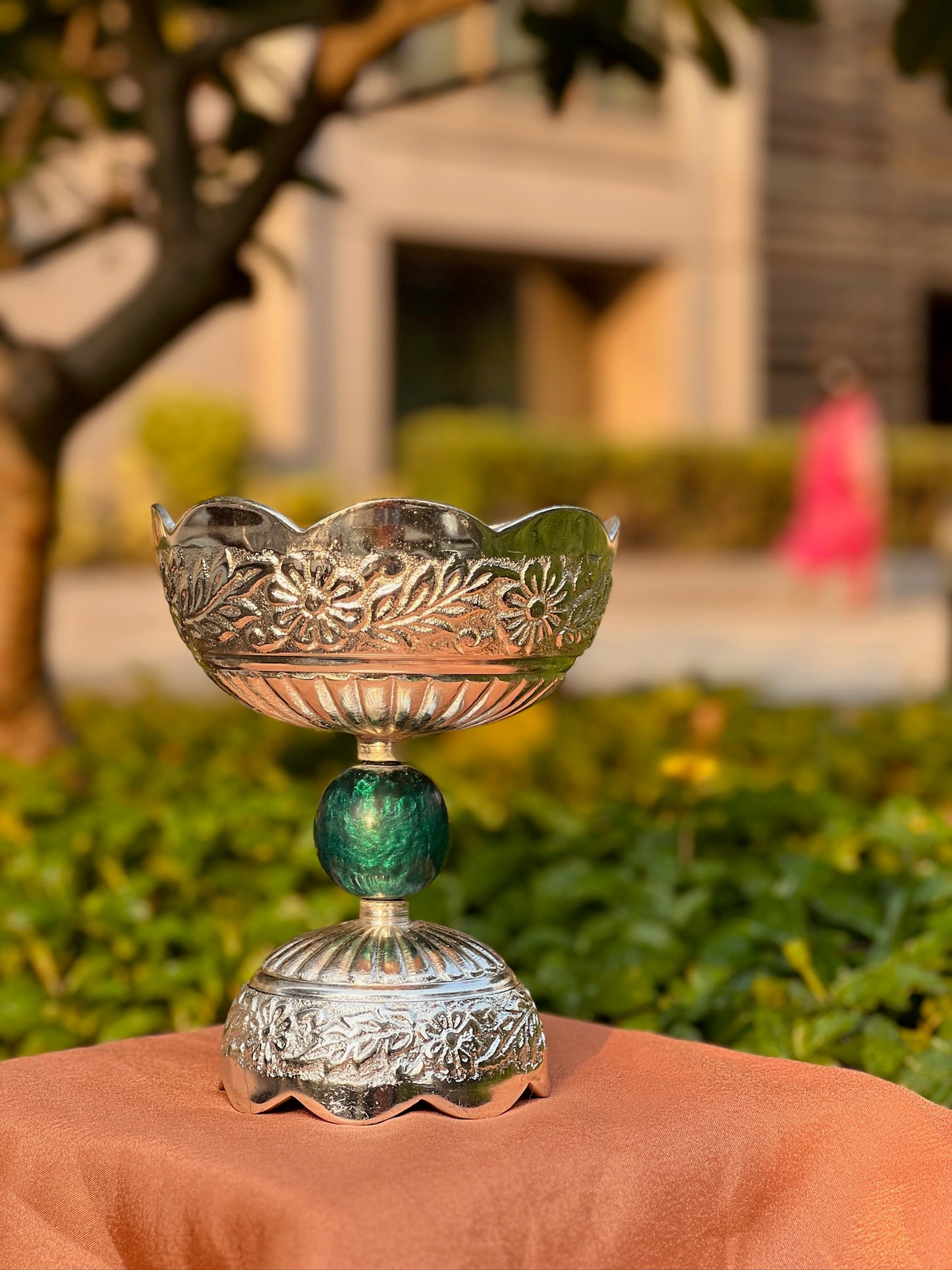 DESHANA Silver Plated Round Shape Long Bowl with Stone Ball