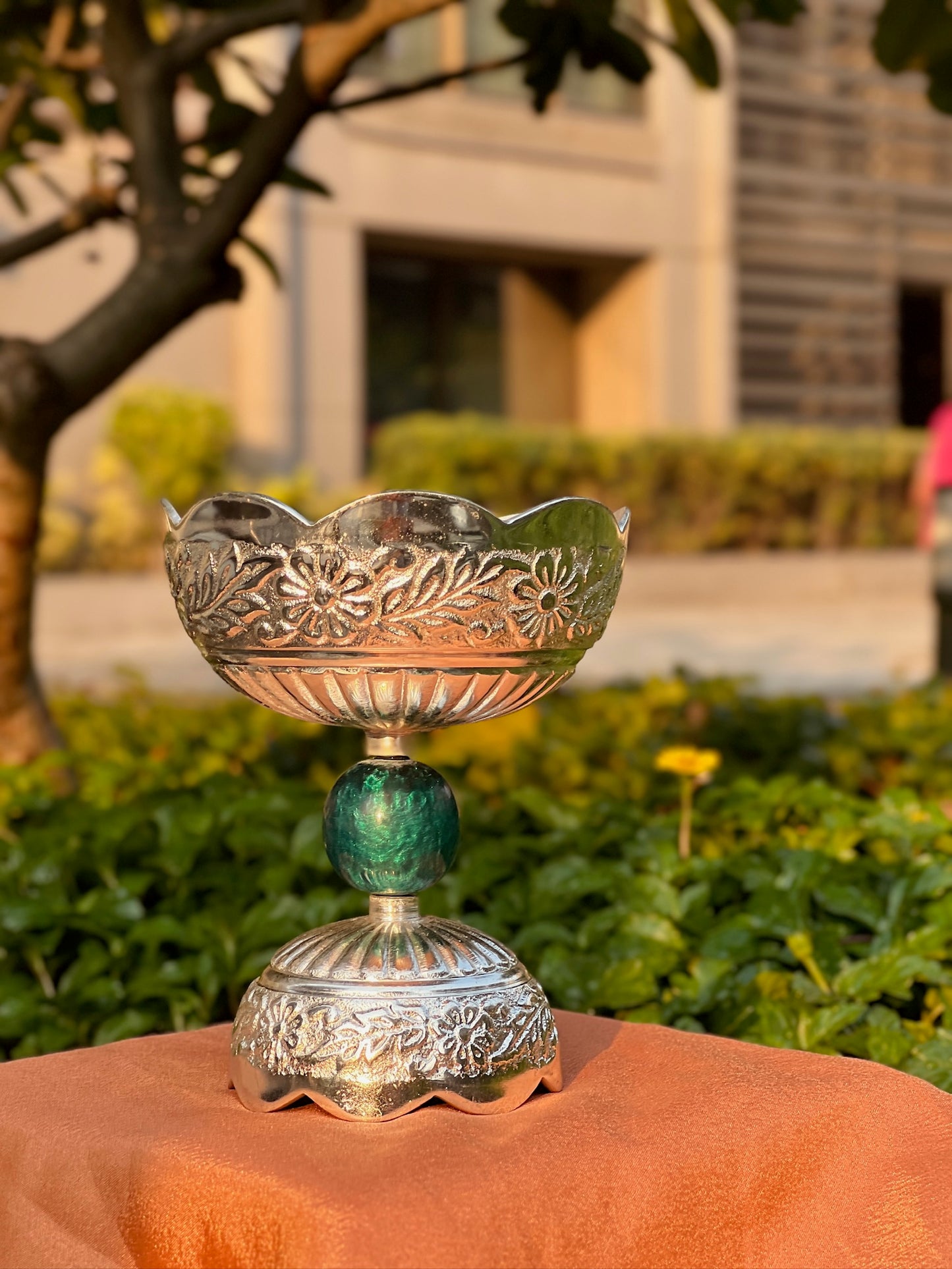 DESHANA Silver Plated Round Shape Long Bowl with Stone Ball