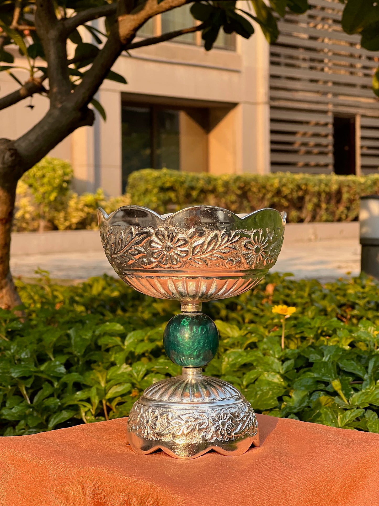 DESHANA Silver Plated Round Shape Long Bowl with Stone Ball