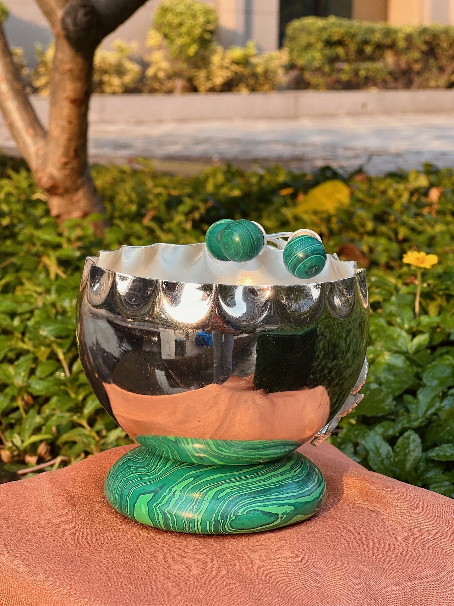 DESHANA Silver Plated Bowl with Lapis Stone on Base