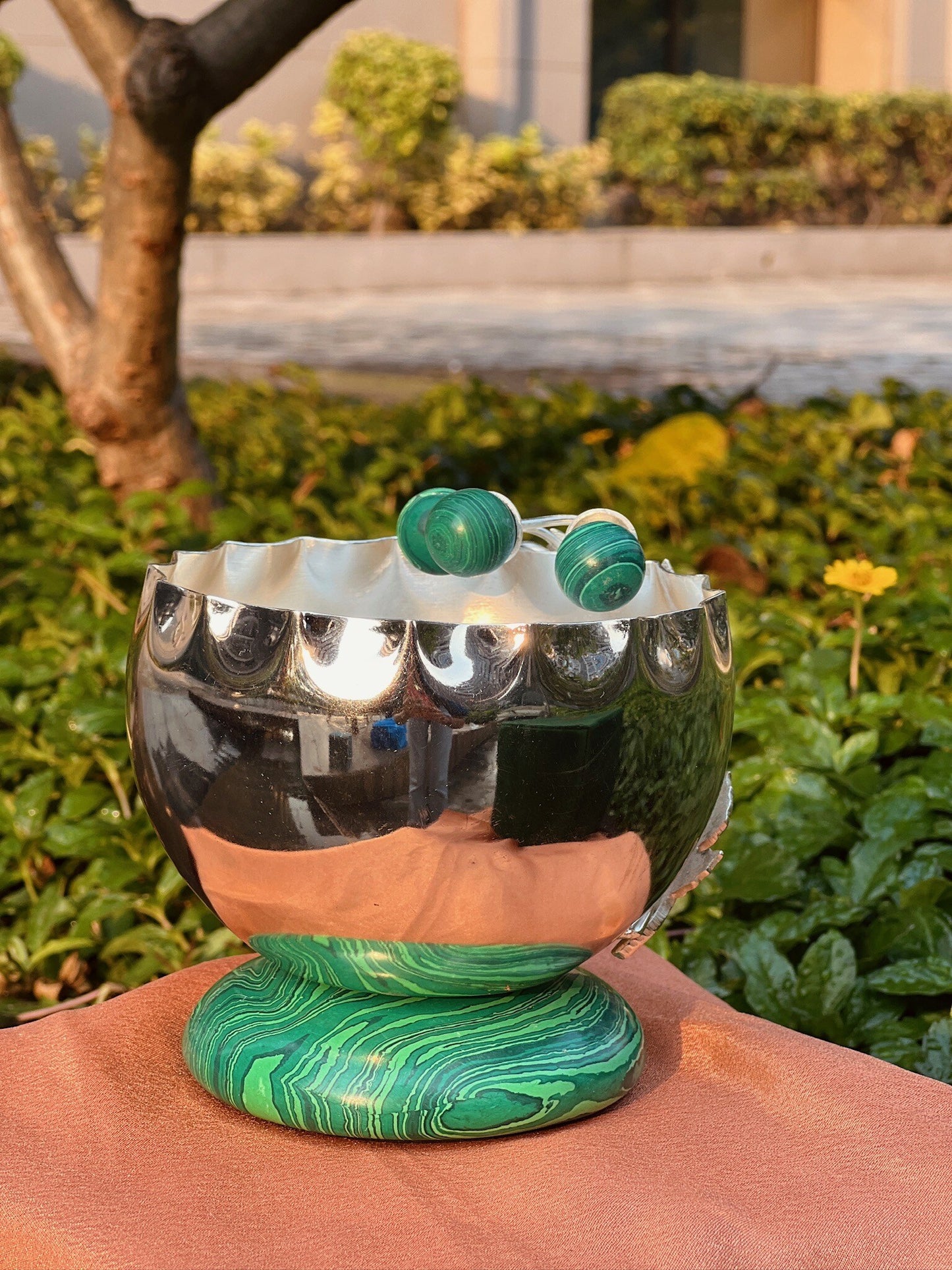 DESHANA Silver Plated Bowl with Lapis Stone on Base