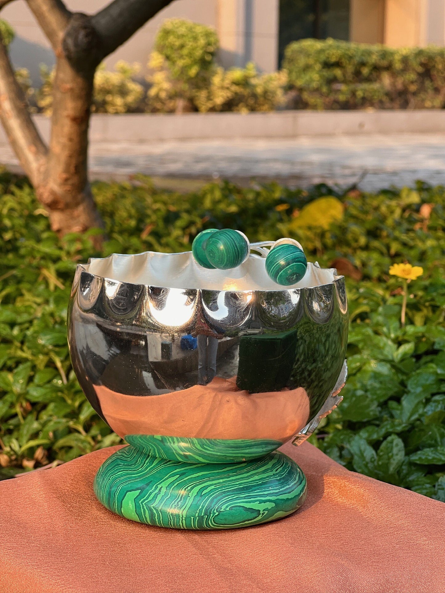 DESHANA Silver Plated Bowl with Lapis Stone on Base