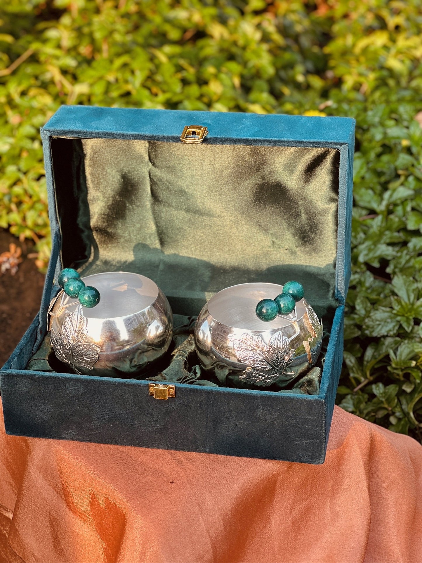 Pair of Silver Plated Bowls With Stone Base