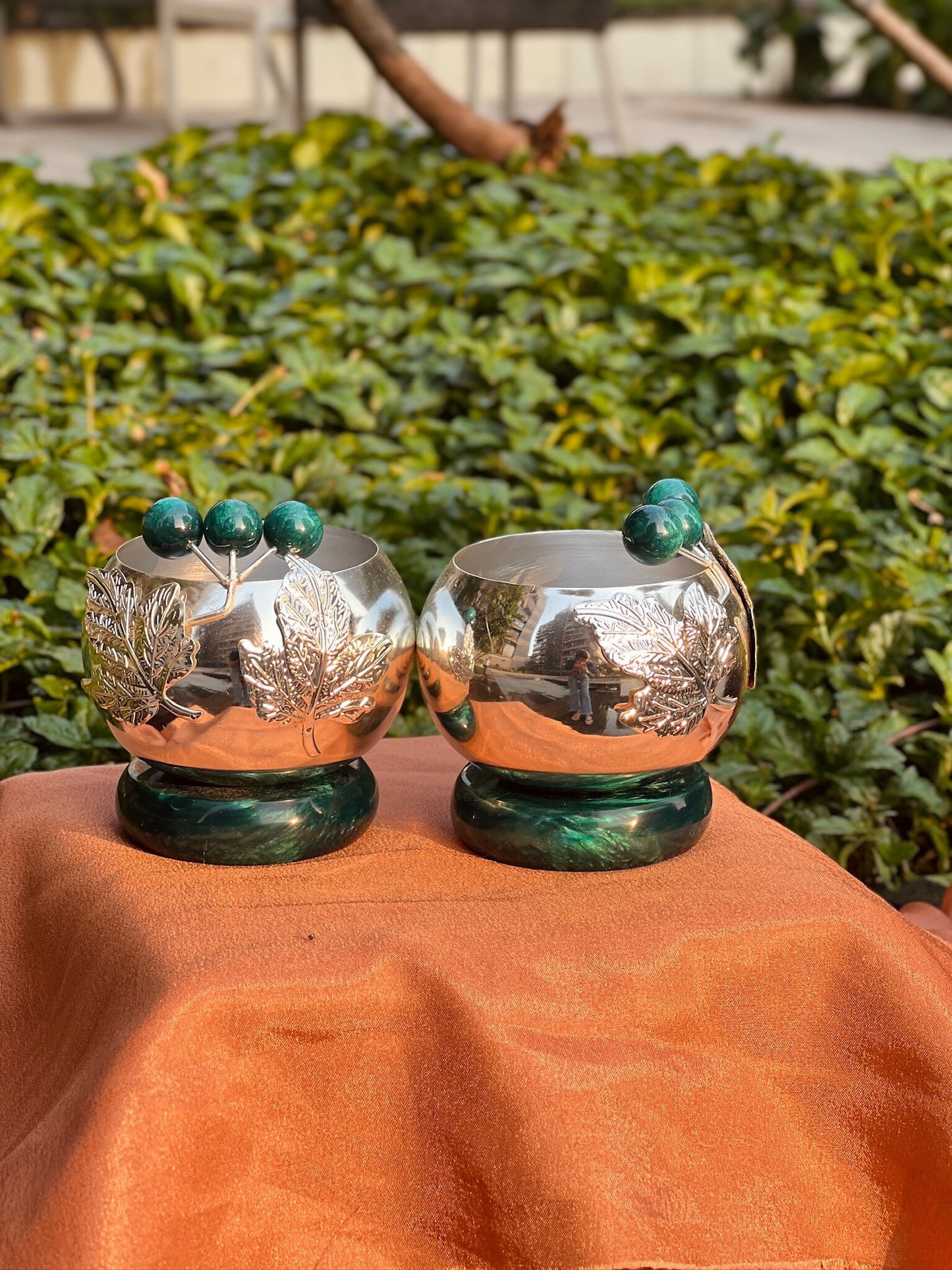 Pair of Silver Plated Bowls With Stone Base
