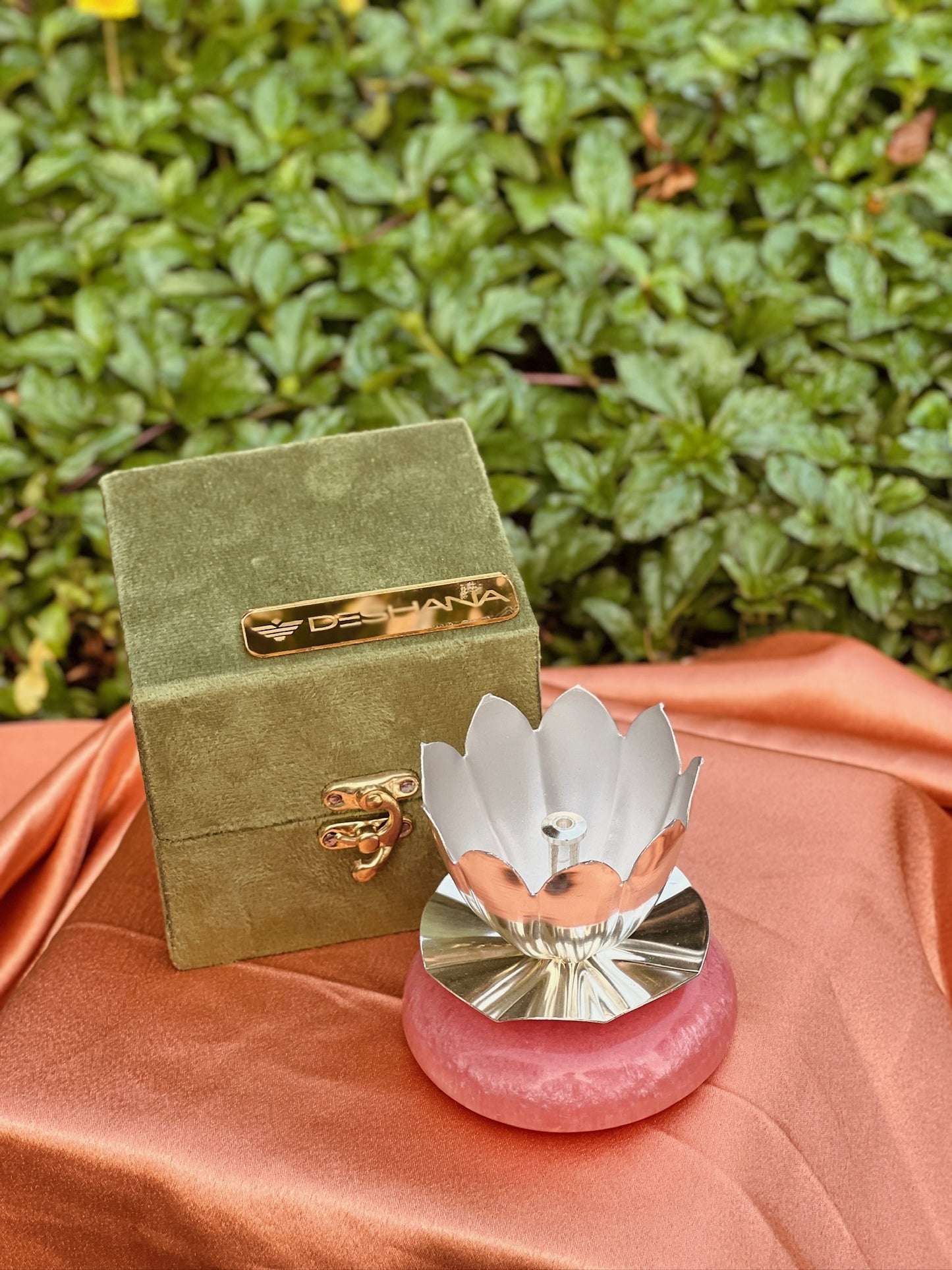 DESHANA Silver Plated Stone-Based Lotus Diya – A Divine Blend of Elegance and Spirituality