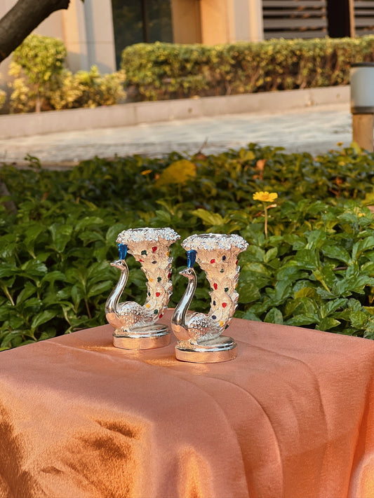 Pair of Silver Plated Peacock Pattern Candle Stand-Small