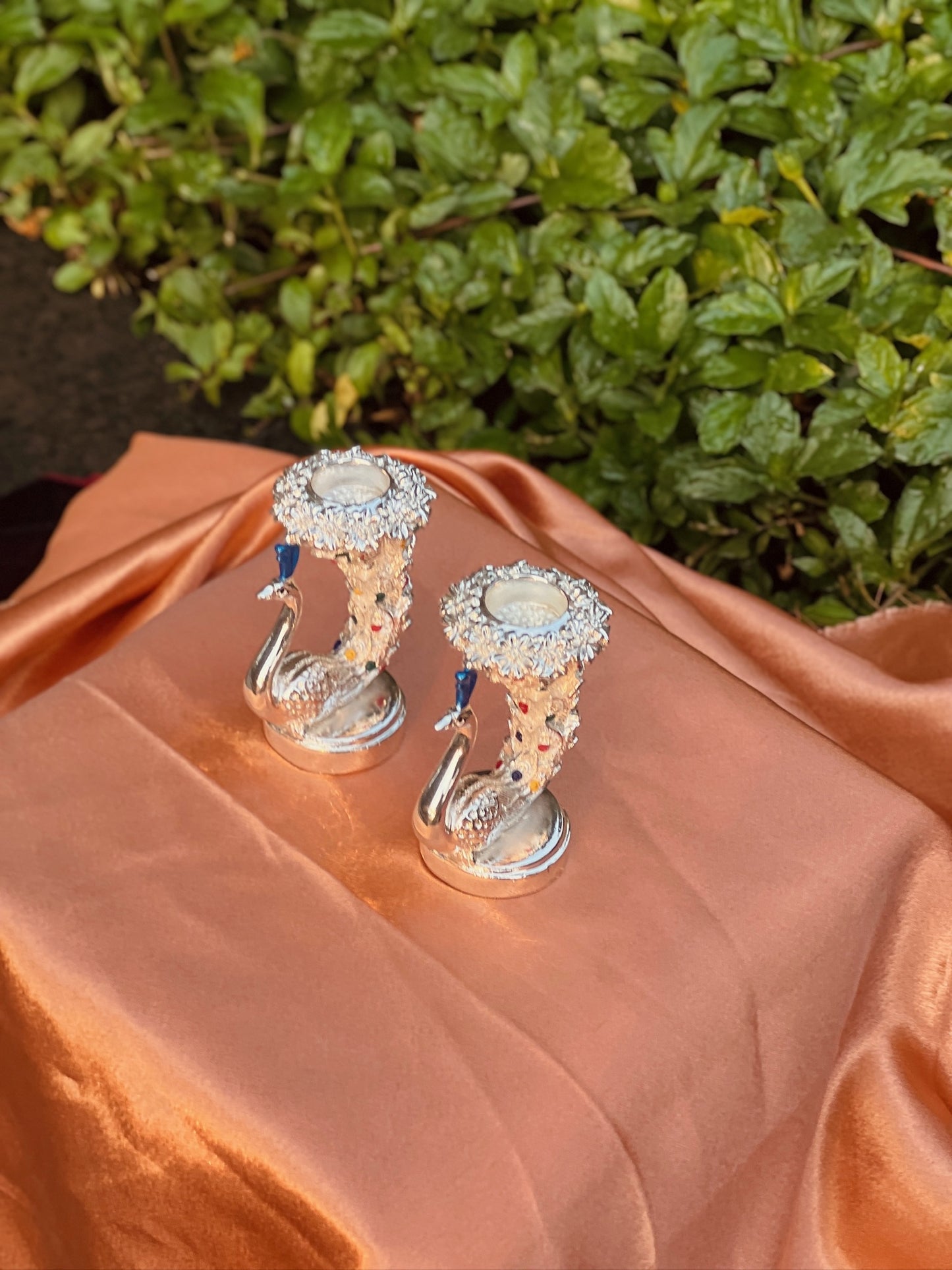 Pair of Silver Plated Peacock Pattern Candle Stand-Small