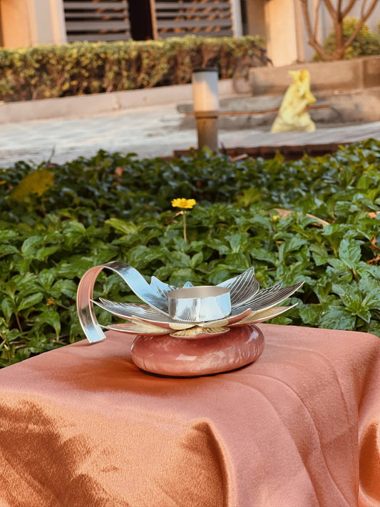 DESHANA Silver Plated Stone-Based Lotus Style Diya with Handle – Illuminate with Grace and Luxury