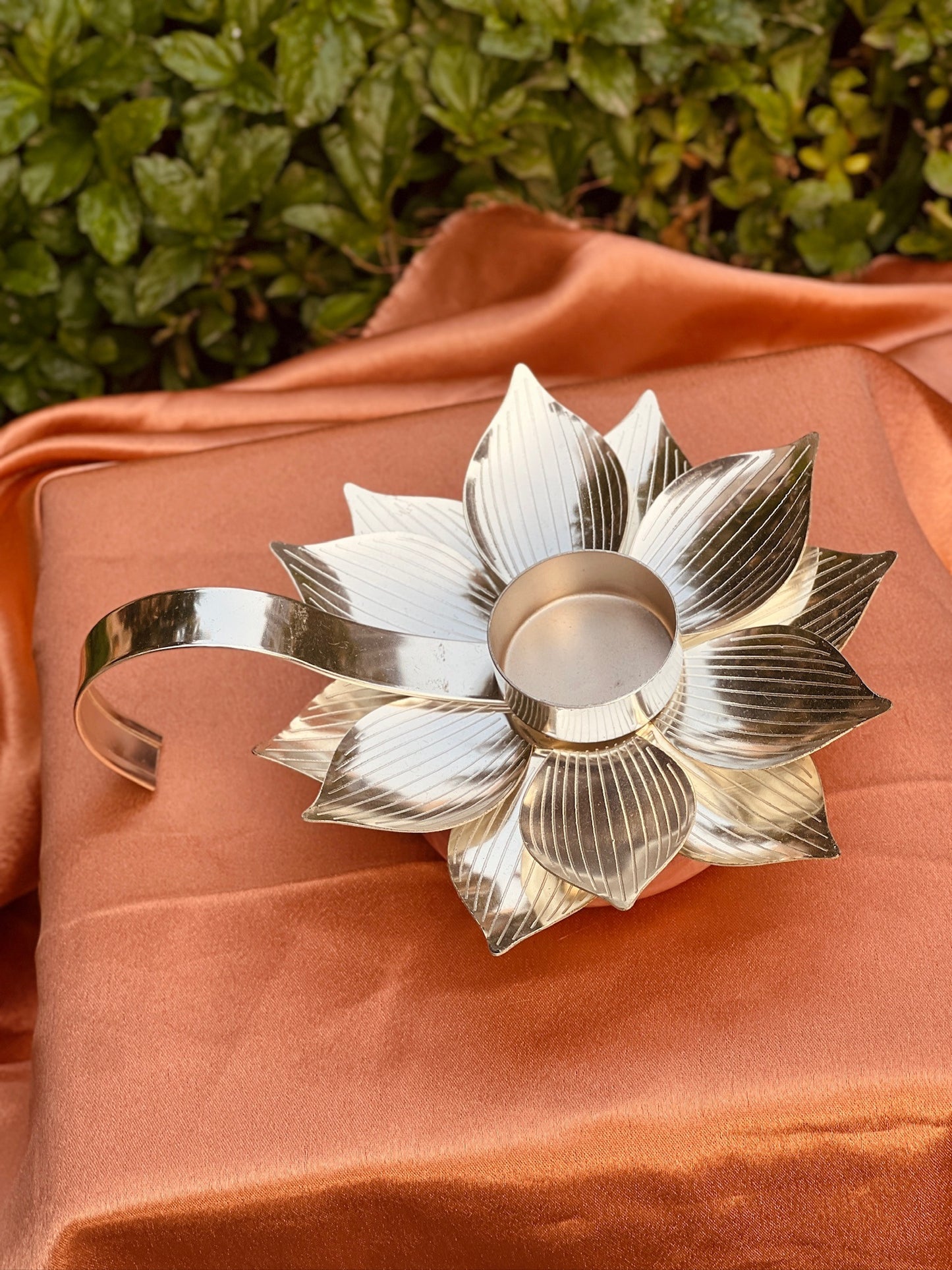 DESHANA Silver Plated Stone-Based Lotus Style Diya with Handle – Illuminate with Grace and Luxury