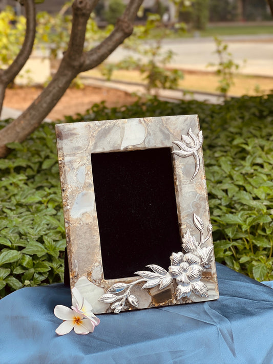 Golden Quartz Agate Picture Frame with Silver-Plated Designs
