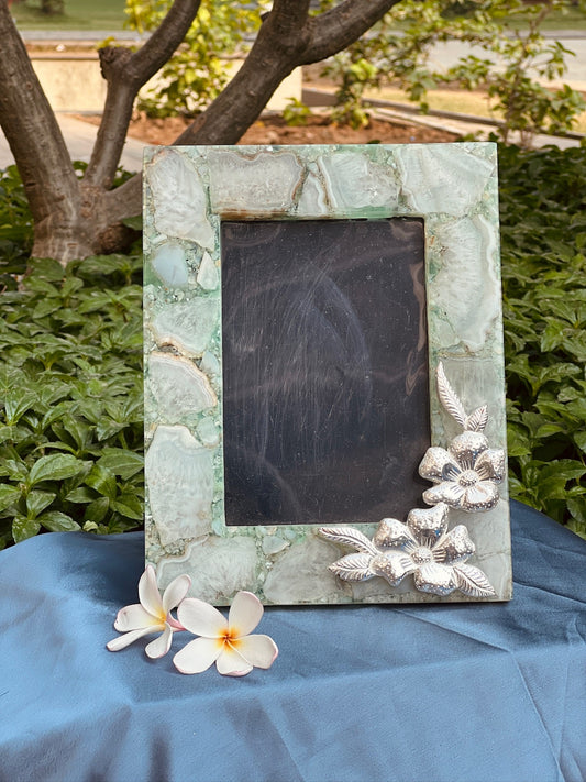Green Quartz Agate Picture Frame with Silver-Plated Designs