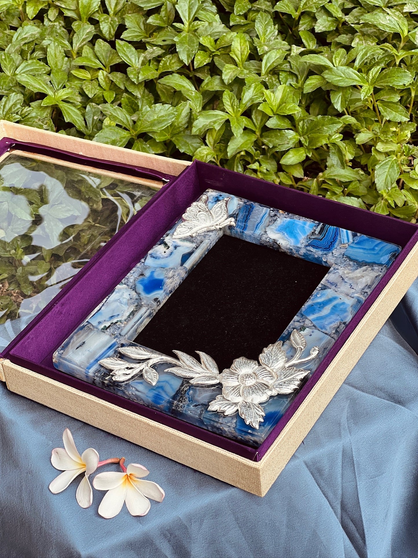 Blue Quartz Agate Picture Frame with Silver-Plated Designs