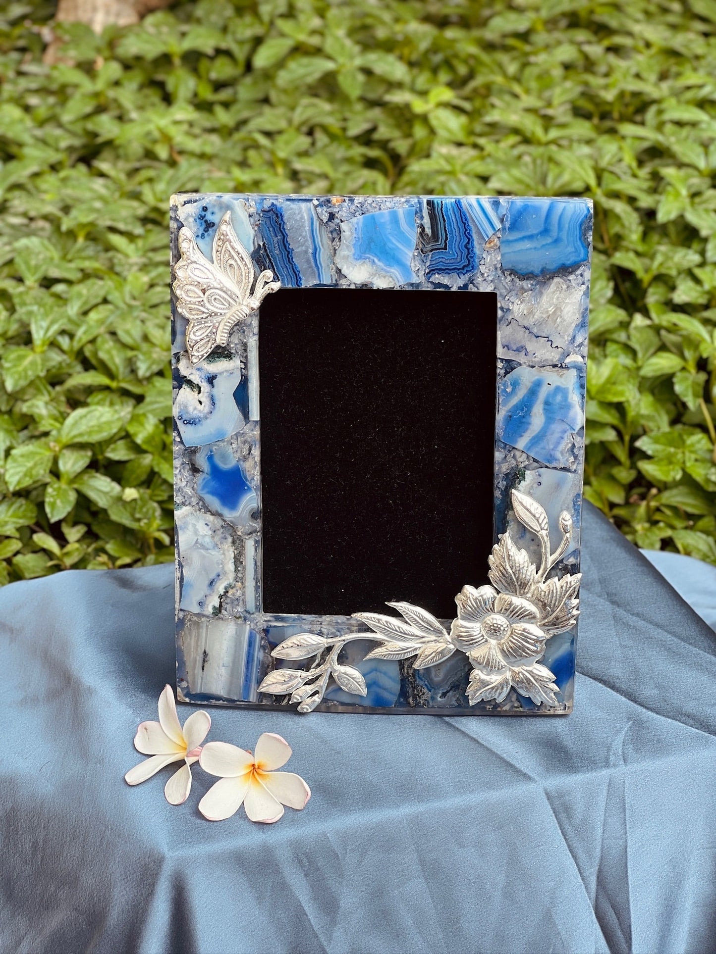Blue Quartz Agate Picture Frame with Silver-Plated Designs