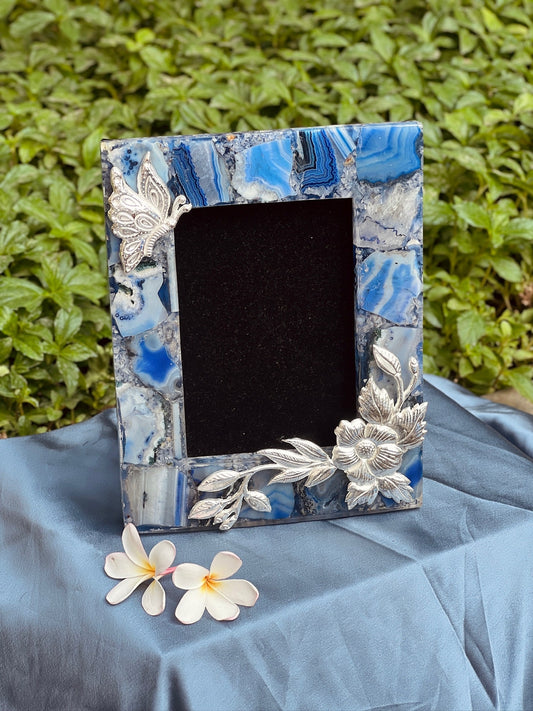 Blue Quartz Agate Picture Frame with Silver-Plated Designs