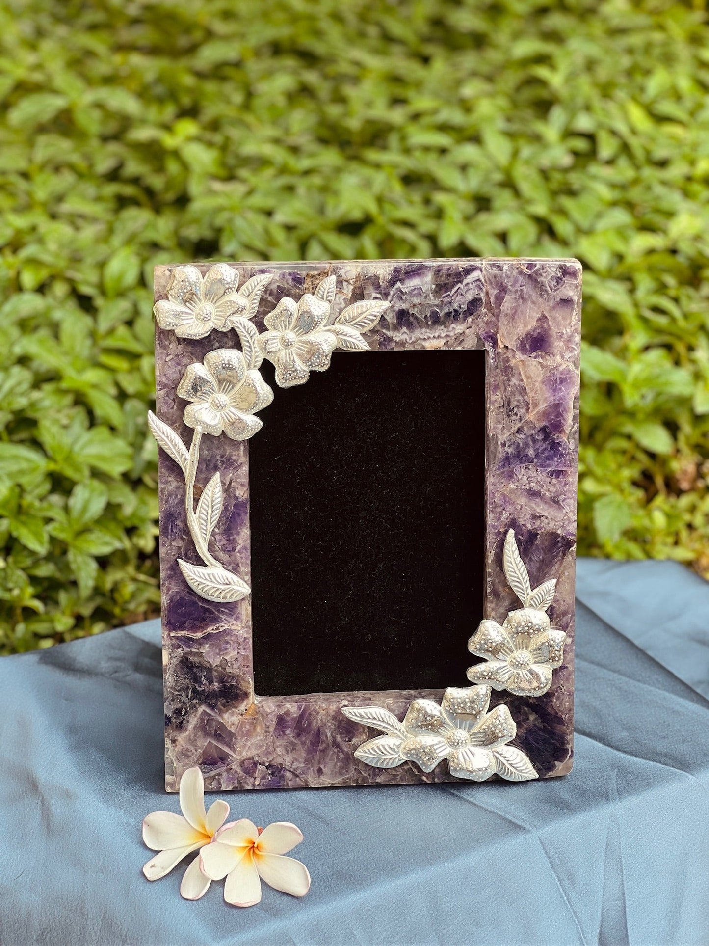 Purple Agate Crystal Picture Gemstone Frame Polished Natural Stone with Silver Plated decoration