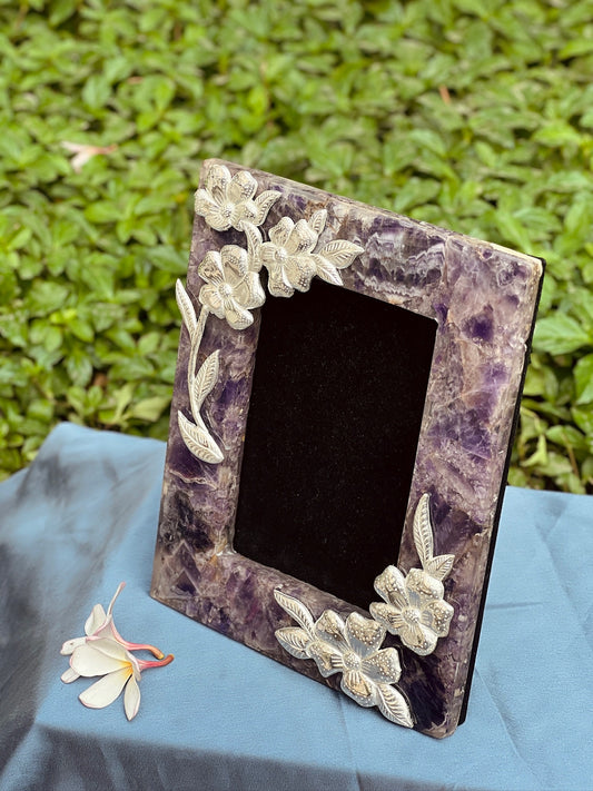Purple Agate Crystal Picture Gemstone Frame Polished Natural Stone with Silver Plated decoration