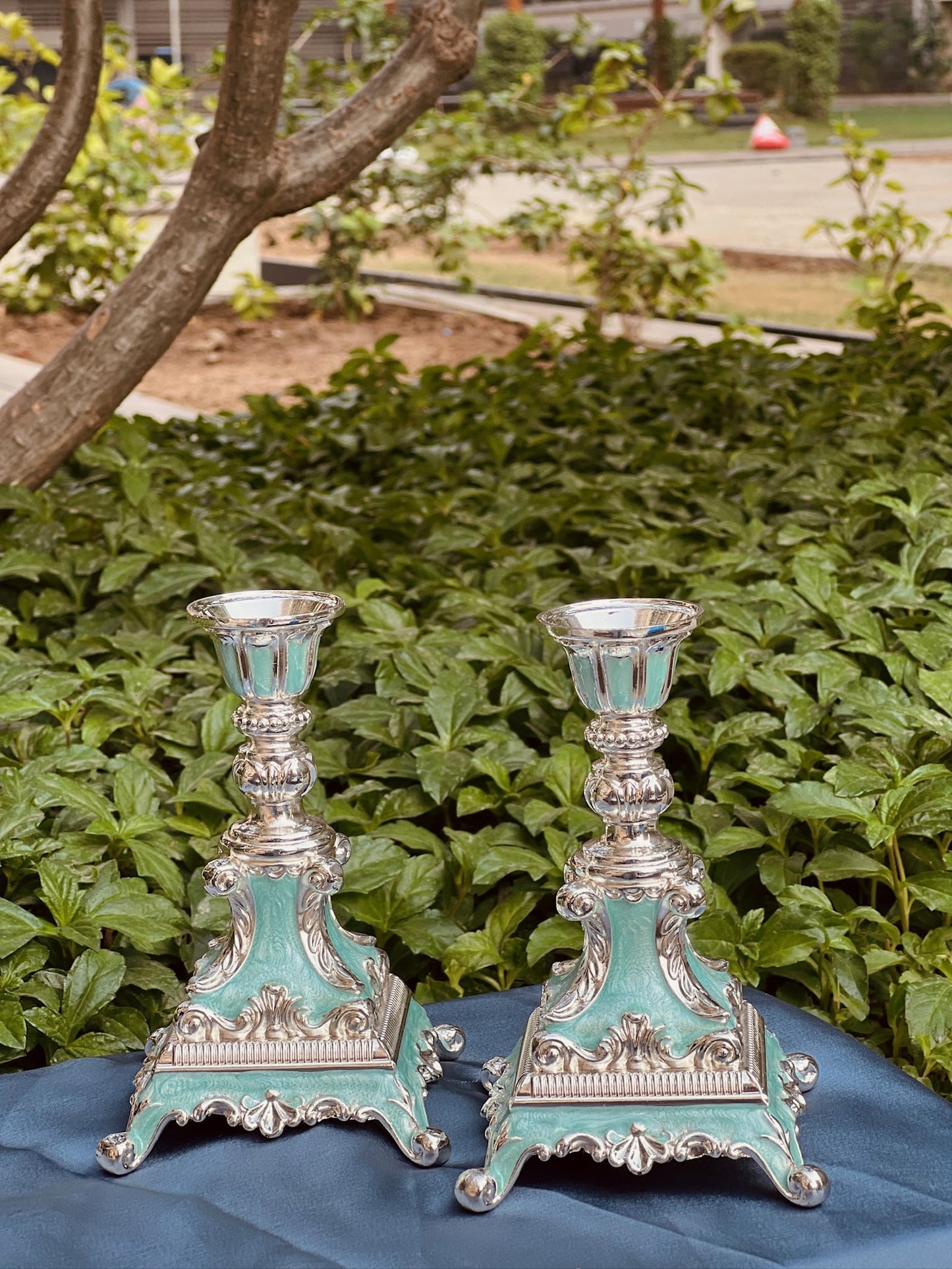 Luxurious Enamel set of Candle Stand-Blue