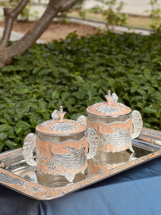 Set of Mukhwas Bowls with Tray Enamel Coated-Peach