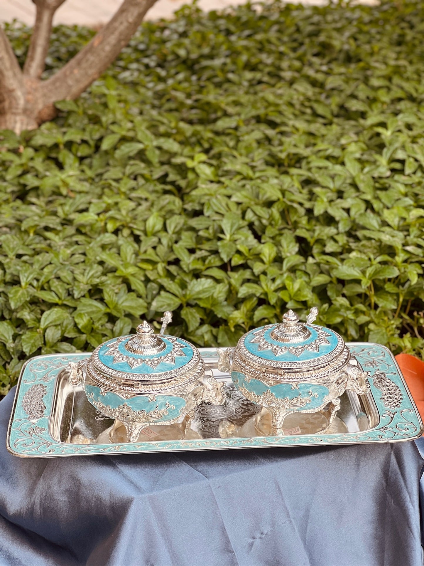Set of Dry fruit/ Mukhwas Bowls with Tray Enamel Coated-Blue