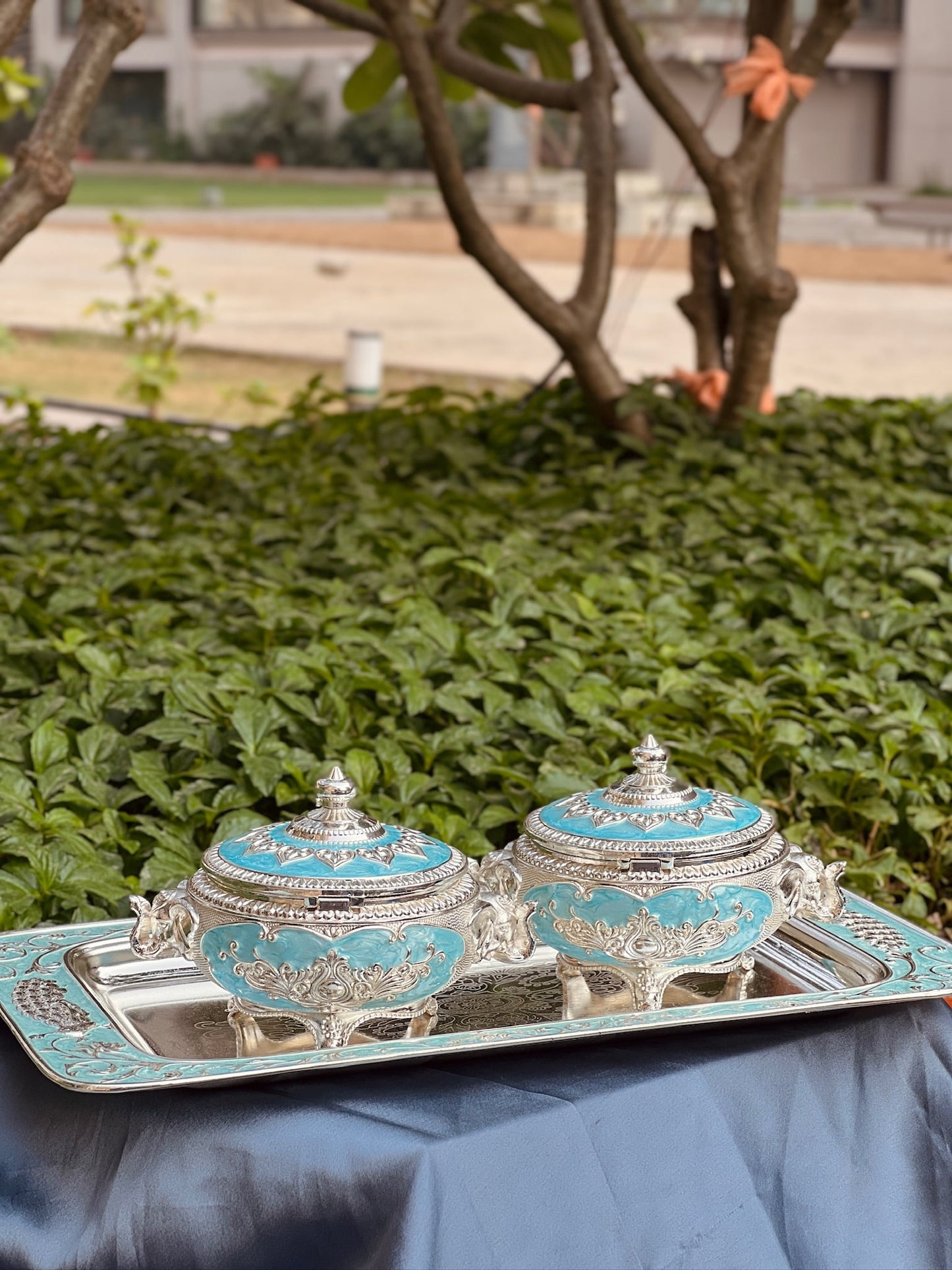 Set of Dry fruit/ Mukhwas Bowls with Tray Enamel Coated-Blue