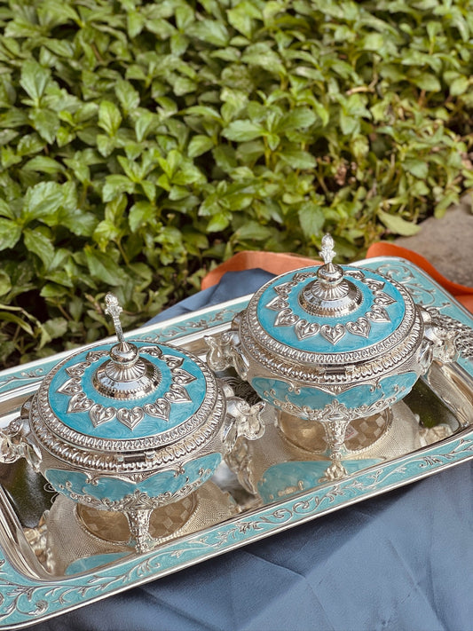 Set of Dry fruit/ Mukhwas Bowls with Tray Enamel Coated-Blue